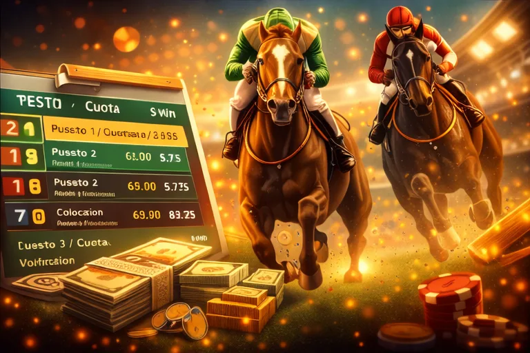 Apuestas hípicas en Pin Up con carreras de caballos, tabla de cuotas y ganancias en efectivo, representando el betting deportivo clásico.