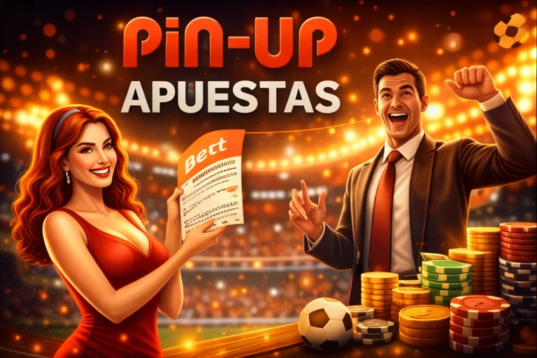 Promoción de apuestas deportivas de Pin Up con ticket ganador, fichas de casino y ambiente festivo que representa una apuesta exitosa.